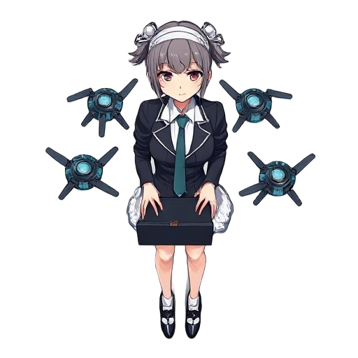 the marunouchi corporate maid. mature, adult, she holds, energy briefcase that unfolds into floating shield drones. character is wearing a maid outfit, but with corporate vibe, necktie, shirt and jacket