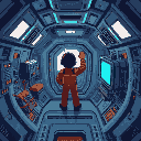top-down view inside a spaceship. the camera looks straight down at a crew member assisting wall-mounted machines. all actions are synchronized and smooth, in a calm sci-fi environment.