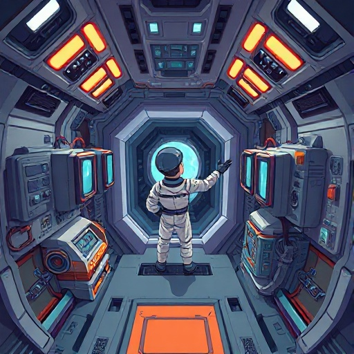 top-down view inside a spaceship. the camera looks straight down at a crew member assisting wall-mounted machines. all actions are synchronized and smooth, in a calm sci-fi environment.