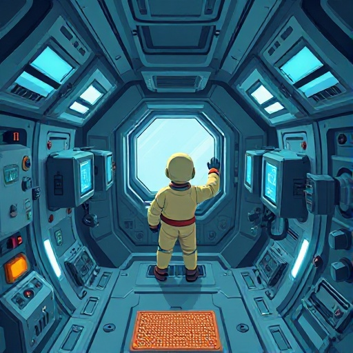 top-down view inside a spaceship. the camera looks straight down at a crew member assisting wall-mounted machines. all actions are synchronized and smooth, in a calm sci-fi environment.