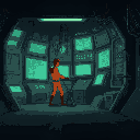 inside a spaceship, wall-mounted machines activate smoothly. a crew member moves naturally, assisting the machines in sync, creating a calm and realistic sci-fi work sequence.