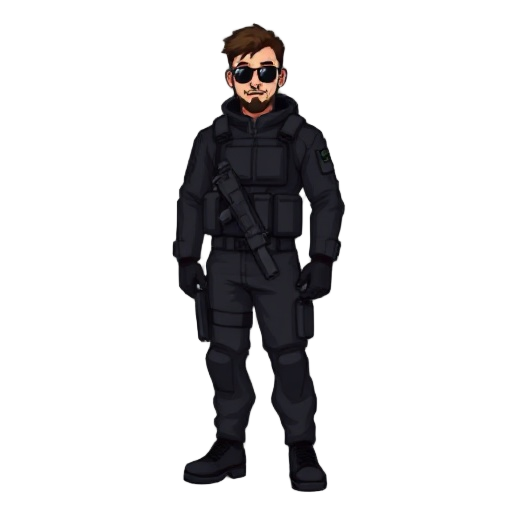 a man wearing a tactical black outfit pixelated from head to toe