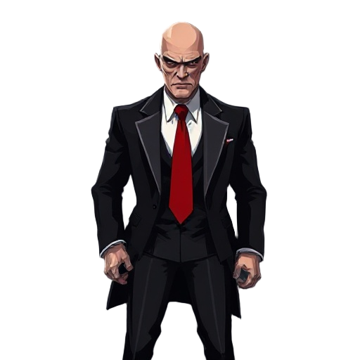bald assassin in black and white suit with red tie, full-body, serious face, dark alley, cinematic lighting, realistic style, concept art, noir mood, high detail