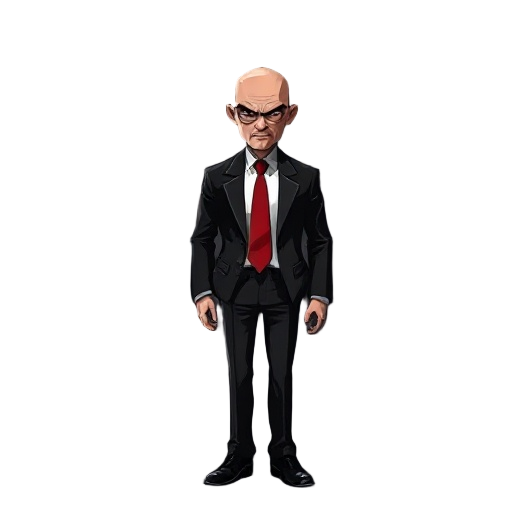 bald assassin in black and white suit with red tie, full-body, serious face, dark alley, cinematic lighting, realistic style, concept art, noir mood, high detail