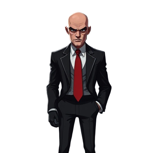 bald assassin in black and white suit with red tie, full-body, serious face, dark alley, cinematic lighting, realistic style, concept art, noir mood, high detail