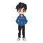  boy, blue jacket, black pants, white shoes, black hair