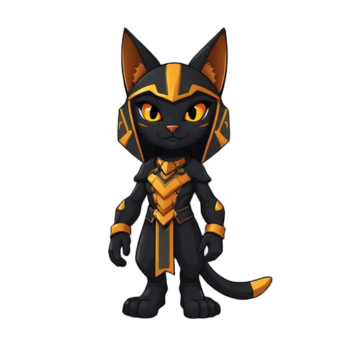 anubis cat character, a gold and black color palette, futuristic shapes, vector art style, high-contrast lighting, detailed character design, bold lines, dynamic composition, and a sci-fi theme