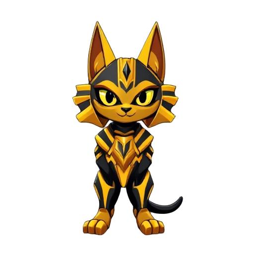 anubis cat character, a gold and black color palette, futuristic shapes, vector art style, high-contrast lighting, detailed character design, bold lines, dynamic composition, and a sci-fi theme