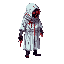 wrapped-head patient, glowing red eyes, needle fingers, tar blood drip, hospital gown, gritty ps1 horror sprite