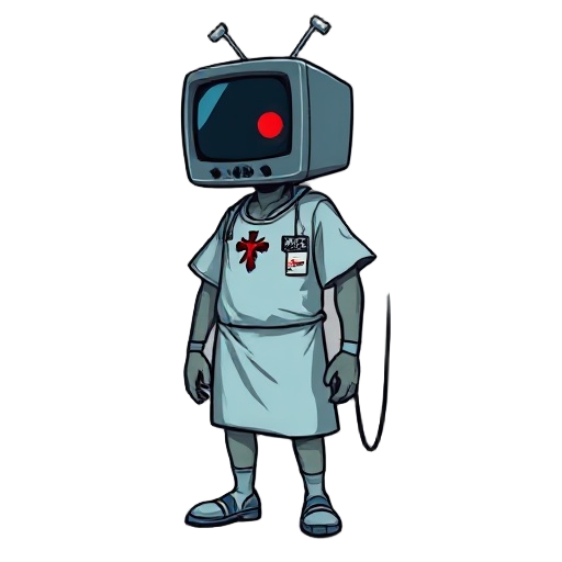 tv-head patient with chest wound, crucifix beam on back, hospital gown, iv blood bag, dark palette, horror game sprite, dithering, 90s style