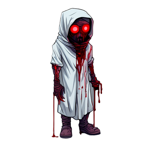 wrapped-head patient, glowing red eyes, needle fingers, tar blood drip, hospital gown, gritty ps1 horror sprite