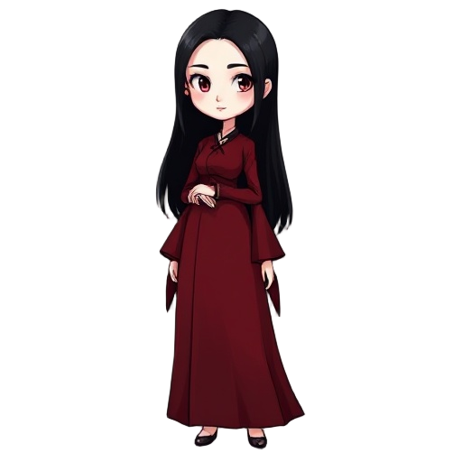 mira kano very pale woman with black hair long himecut and long dark red dress.