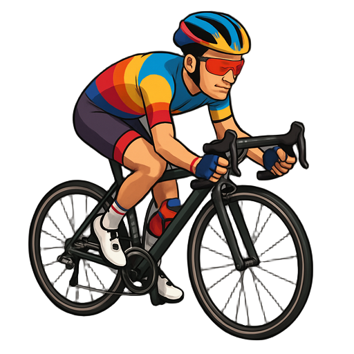 a realistic 2d illustration of a professional cyclist riding a modern road bike, wearing a colorful pro racing kit, helmet, and sunglasses, dynamic pose, clean background