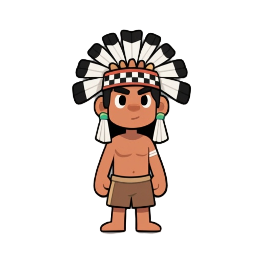 an indigenous person wearing a small headdress that has details of the hanging part of the headdress in white with black checkered details. he is shirtless and only wearing shorts.