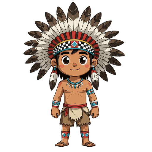 an indigenous person wearing a small headdress that has details of the hanging part of the headdress in white with black checkered details. he is shirtless and only wearing shorts.