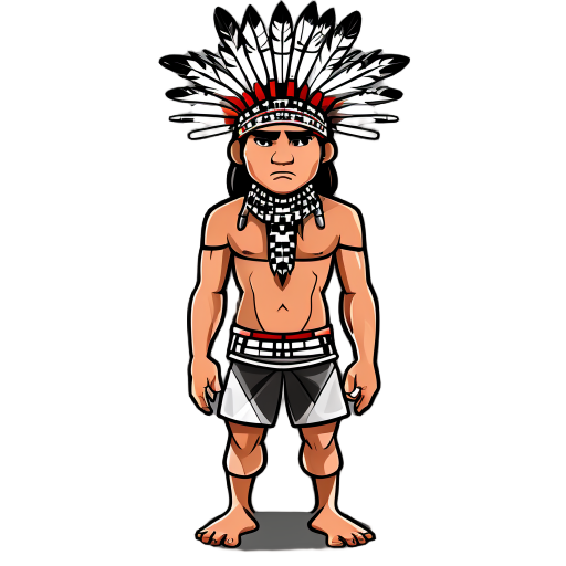 an indigenous person wearing a small headdress that has details of the hanging part of the headdress in white with black checkered details. he is shirtless and only wearing shorts.