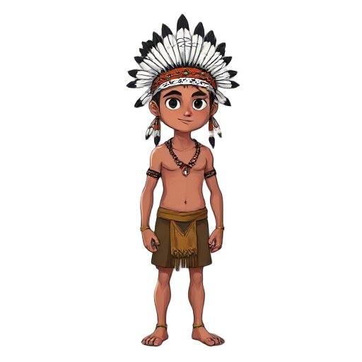 an indigenous person wearing a small headdress that has details of the hanging part of the headdress in white with black checkered details. he is shirtless and only wearing shorts.