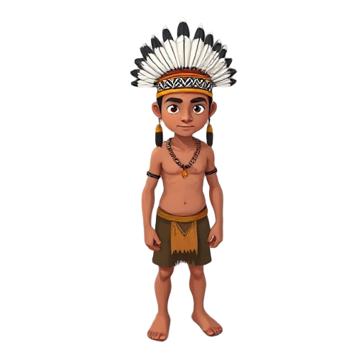 an indigenous person wearing a small headdress that has details of the hanging part of the headdress in white with black checkered details. he is shirtless and only wearing shorts.