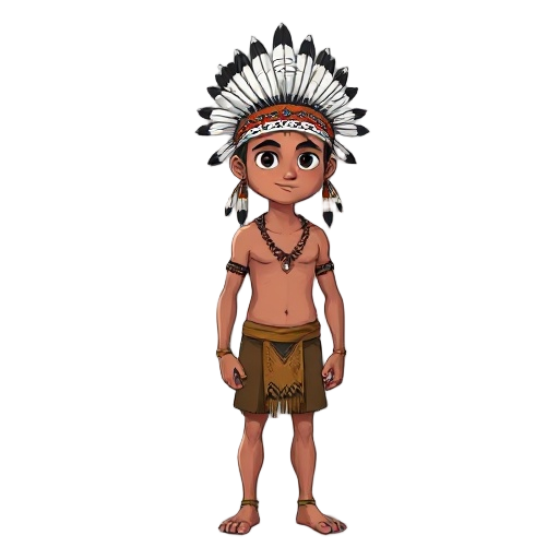 an indigenous person wearing a small headdress that has details of the hanging part of the headdress in white with black checkered details. he is shirtless and only wearing shorts.