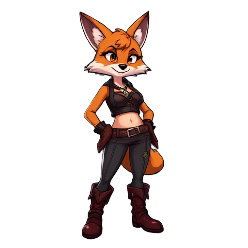 a slightly chubby anthropomorphic female fox wearing a tight leather crop top with straps in the shape of a star, and dark red leather boots