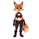 a slightly chubby anthropomorphic female fox wearing a tight leather crop top with straps in the shape of a star, and dark red leather boots