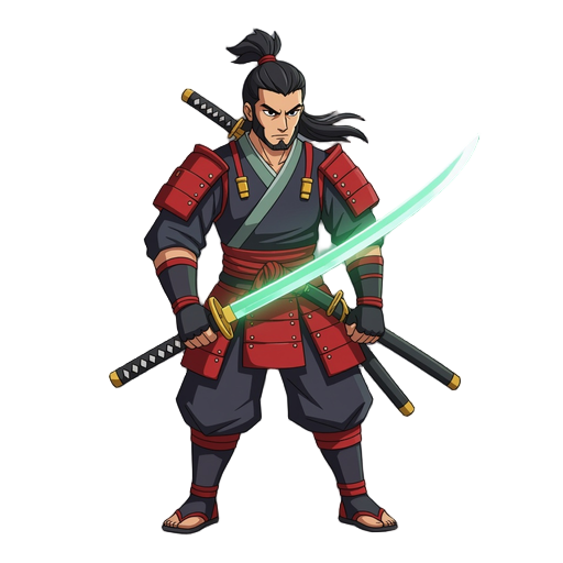 samurai style warrior holding a green neon katana