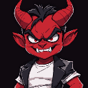 a big red head demon face, black hair, with red horns and a smokin suit, white t-shirt.