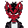 a big red head demon face, black hair, with red horns and a smokin suit, white t-shirt.