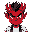a big red head demon face, black hair, with red horns and a smokin suit, white t-shirt.