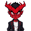 a big red head demon face, black hair, with red horns and a smokin suit, white t-shirt.
