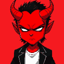 a big red head demon face, black hair, mouthless, with red thin horns, black smokin suit, white t-shirt.