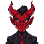 a red demon face, with red horns and a smokin suit.