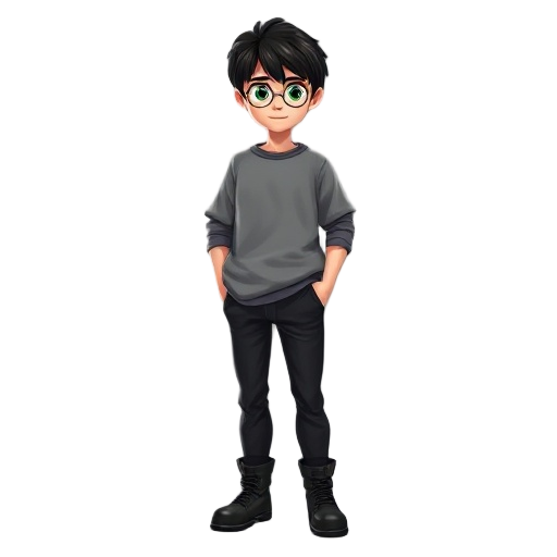 11 years old harry potter, grey oversized tshirt, dark trousers, dark boots, dark hair, green eyes