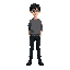 11 years old harry potter, grey oversized tshirt, dark trousers, dark boots, dark hair, green eyes
