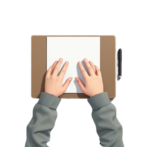 anime boy's hands on a desk with a blank paper on. top view