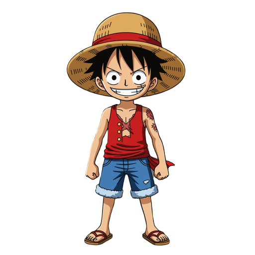 a character like luffy. white skin, sandals, denim shorts, closed red tank top, a small scar on his left eye, and a straw hat with a red stripe