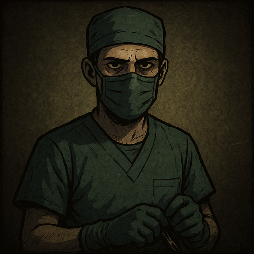 a surgeon character wearing dark green surgical scrubs, cap, and mask. the style should resemble retro horror or survival games, with a moody and tense atmosphere. the character appears human, with slightly pale skin, soft lighting from above, and a subtl