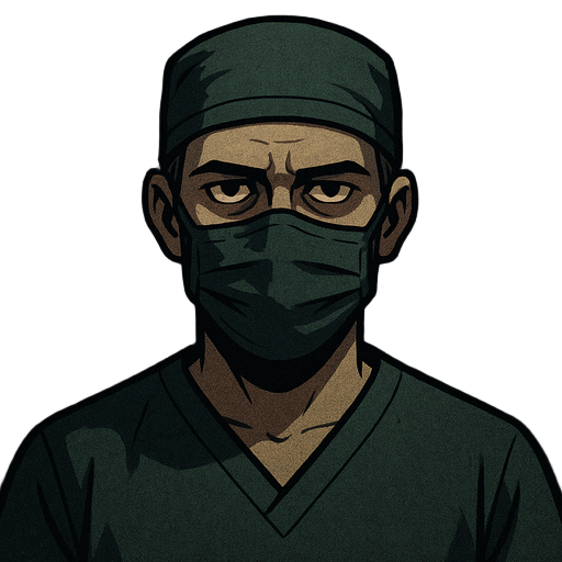 a surgeon character wearing dark green surgical scrubs, cap, and mask. the style should resemble retro horror or survival games, with a moody and tense atmosphere. the character appears human, with slightly pale skin, soft lighting from above, and a subtl
