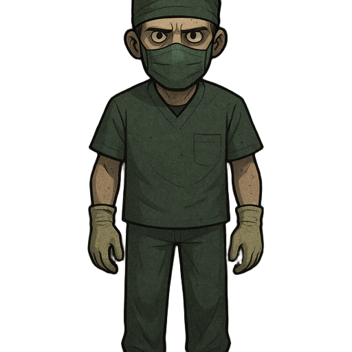 a surgeon character wearing dark green surgical scrubs, cap, and mask. the style should resemble retro horror or survival games, with a moody and tense atmosphere. the character appears human, with slightly pale skin, soft lighting from above, and a subtl