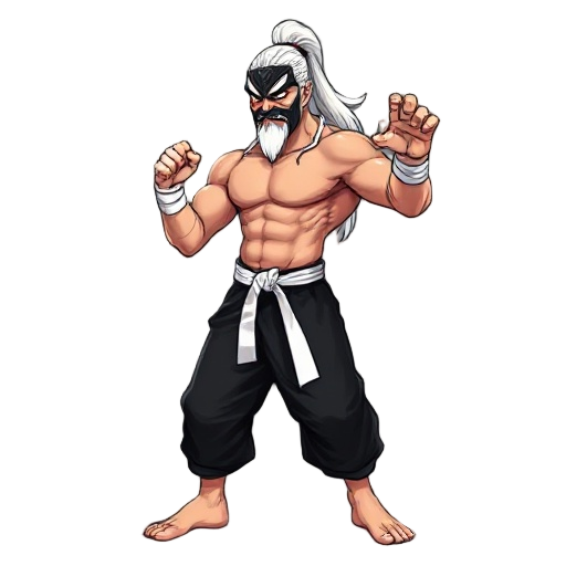 a street fighter with a well-defined physique, wearing black matte kimono pants, adopting a shotokan karate stance, but very emphatic, with a tengu mask and a black goatee, long white hair tied in a ponytail, shirtless, barefoot, with white fighter wraps 