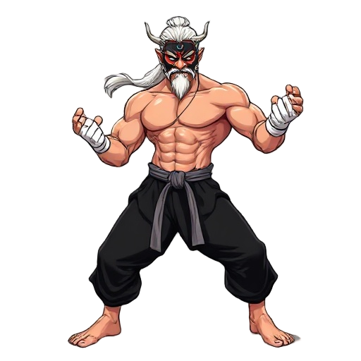 a street fighter with a well-defined physique, wearing black matte kimono pants, adopting a shotokan karate stance, but very emphatic, with a tengu mask and a black goatee, long white hair tied in a ponytail, shirtless, barefoot, with white fighter wraps 