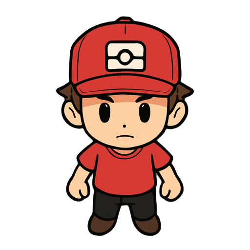 rpg style, boy in red cap with white square pokéball logo, red shirt and black pants