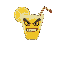 a robot that is a caipirinha glass with a red and white straw and a lemon slice, straw arms and white gloves, with its face in front of the glass, angry eyes and an angry smile missing 1 tooth, megama