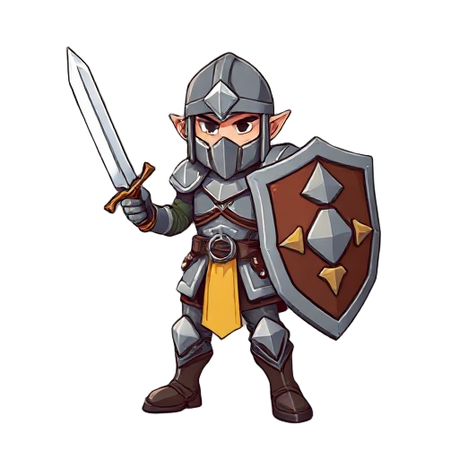 fantasy warrior in armor, wielding a sword and shield, low resolution