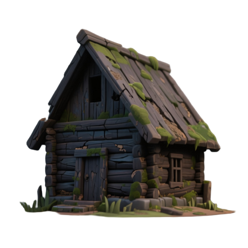 an old, abandoned wooden cabin in the forest.  the house is small to medium-sized, built entirely from dark, weathered wooden planks. the wood looks aged, with visible wear, cracks, and patches of moss and dirt, especially near the base and roof.  the roo