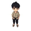 boy in black pants, peasant shirt, black hair, brown eyes facing forward
