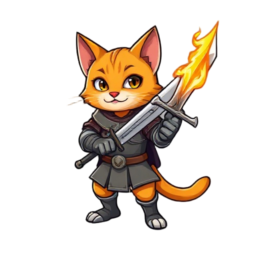 um gatinho laranja com armadura medieval segurando uma espada flamejante 