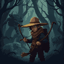 10 pixels hunter with a straw hat, a long scarf and a bow, in a menacing forest filled will strange beasts. in the style of a romantic painting. dark, moody, melancholic.
