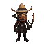 10 pixels hunter with a straw hat, a long scarf and a bow, dark and moody. very menacing