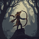 10 pixels hunter with a straw hat, a long scarf and a bow, in a menacing forest filled will strange beasts. seen from atop a tree. in the style of a romantic painting. dark, moody, melancholic.